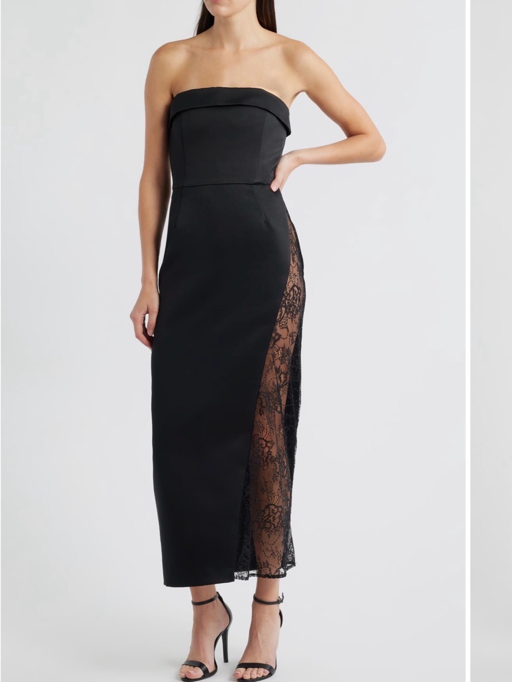 Strapless Black Lace-Panel Evening Dress